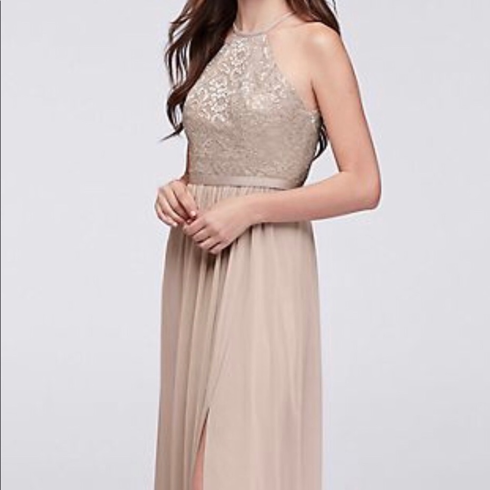 Open-Back metallic lace and mesh bridesmaid dress